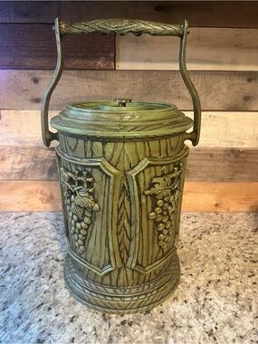 Vintage Plastic Molded MCM Green Grape Motif Ice Bucket with Handle and tongs